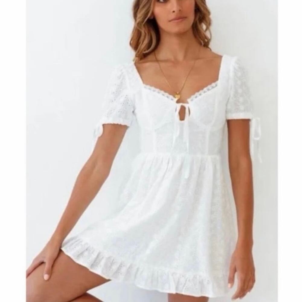 Rose Dress White Eyelet Cotton Mini Dress Puff Sleeve Cottagecore Size Medium